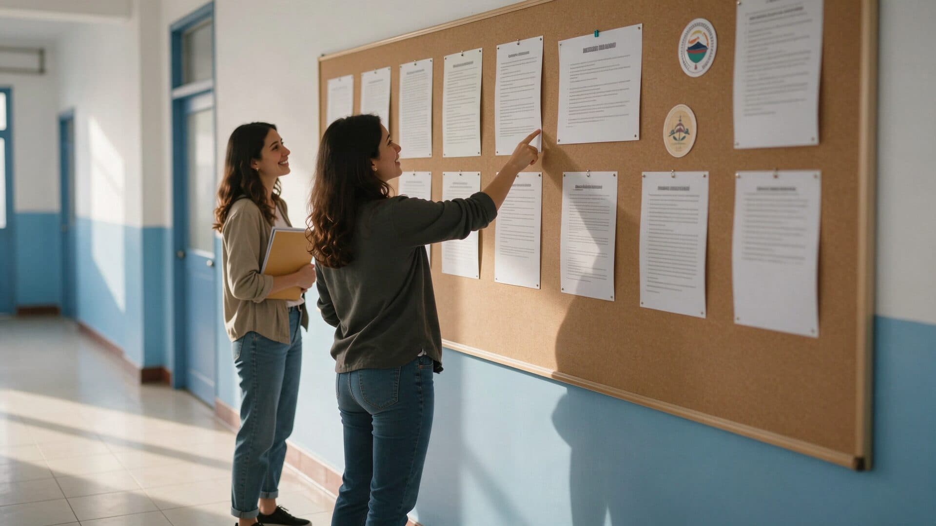 Ilustración: Docentes leyendo los avisos de la cartelera en el pasillo de una escuela