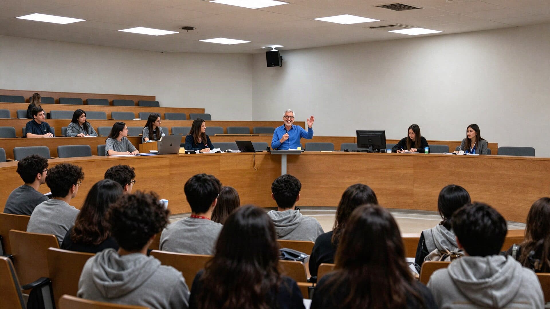 Ilustración: Clase en un aula universitaria con gradas